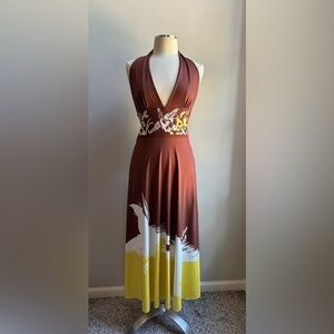 Brown & Yellow Halter Maxi Dress with Floral Bird Print – Size Small